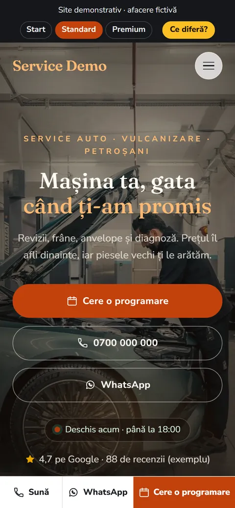 Site demo pentru service auto și vulcanizare, pe telefon
