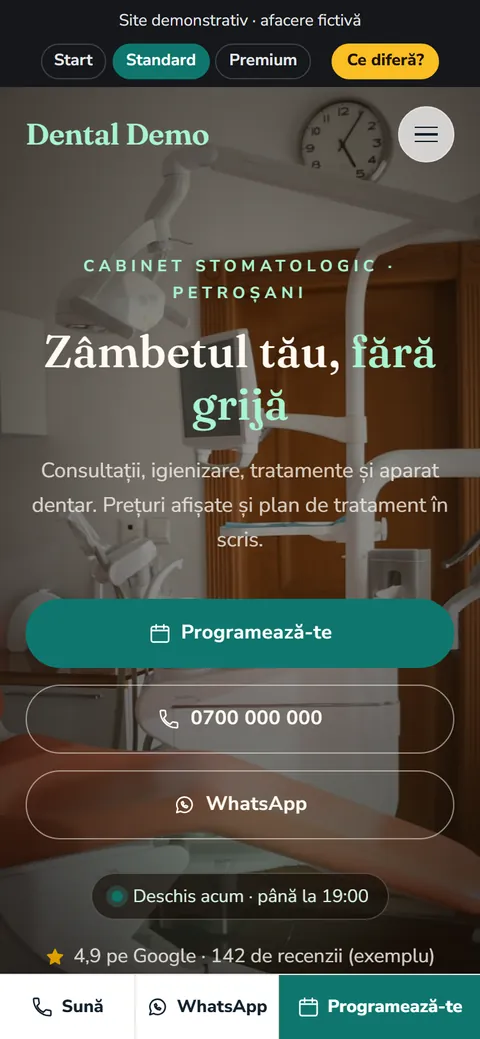 Site demo pentru cabinet stomatologic sau medical, pe telefon